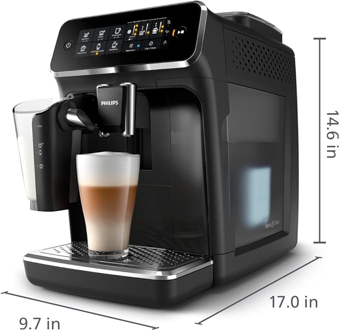 PHILIPS 3200 Series Fully Automatic Coffee Machine - 5 Delicious Coffees, LatteGo Milk System, Durable Ceramic Grinders, Intuitive Touch Display, Glossy Black (EP3241/54)