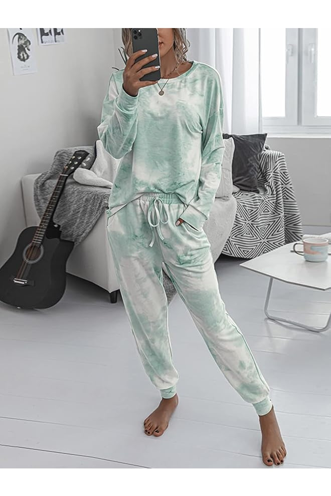 IFFEI Womens Pajama Sets 2 Piece Tie Dye Long Sleeve Loungewear Sweatshirt Outfits with Pockets