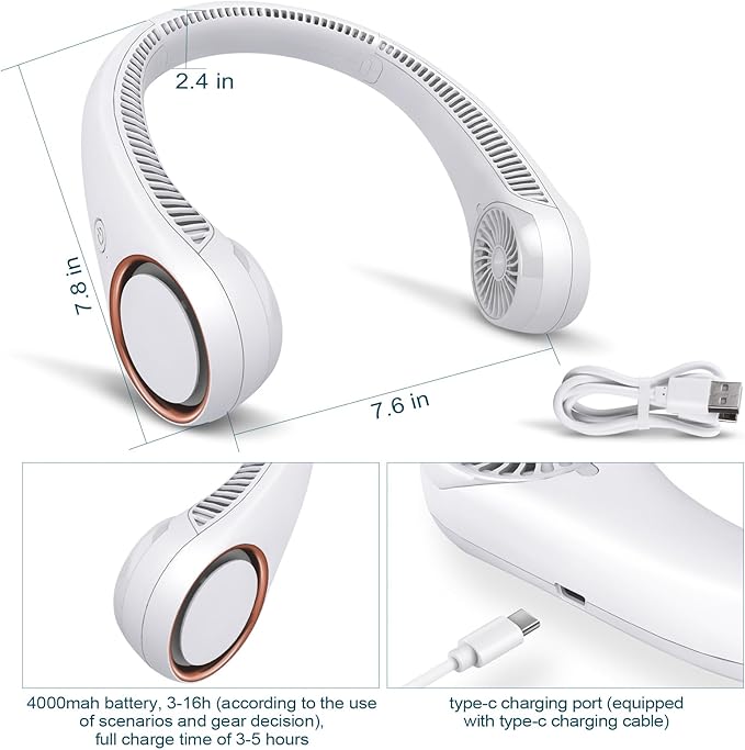 CIVPOWER Neck Fan: Portable Personal Neck Cooling Rechargeable Bladeless Fan - Hands Free 3 Speed 4000 mAh Battery USB Operated Wearable Headphone Design - for Men Women Outdoor Indoor White