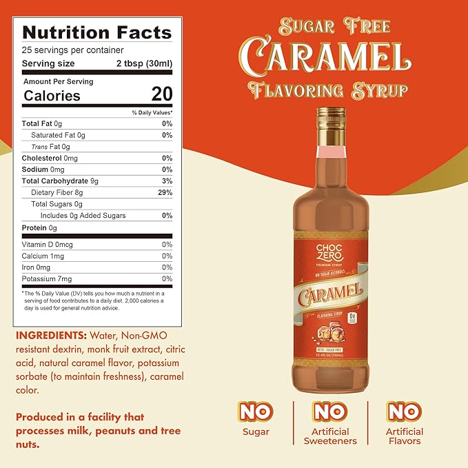 ChocZero Sugar Free Caramel Syrup for Coffee - Keto Flavoring Syrups - Low Calorie Simple Syrup for Flavored Drinks (26.5 ounce bottle/750ml)