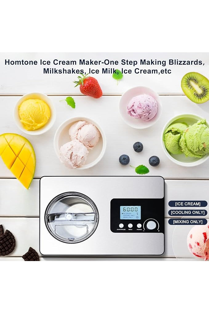 Homtone Ice Cream Maker, No pre-Freezing Automatic Ice Cream Machine 2.1 Quart with Built-in Compressor and LCD Timer for Making Ice Cream,Gelato in 30-60 min