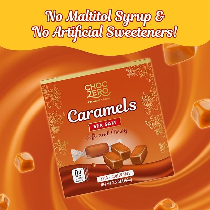 ChocZero Sugar Free Caramels - Keto Candy - All Natural, Soft and Chewy - Low Carb Snack (3.5oz Box)