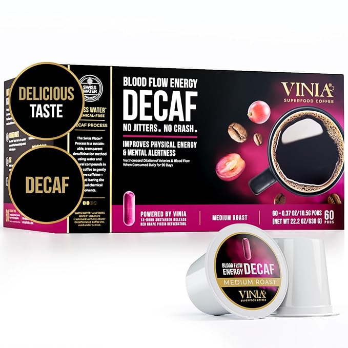 VINIA Blood Flow Energy Coffee Pods - Medium Roast Infused with Red Grape Piceid Resveratrol for Physical Energy & Mental Alertness, Keurig K-Cup Compatible Superfood Coffee, Full-Bodied, 60 Count.