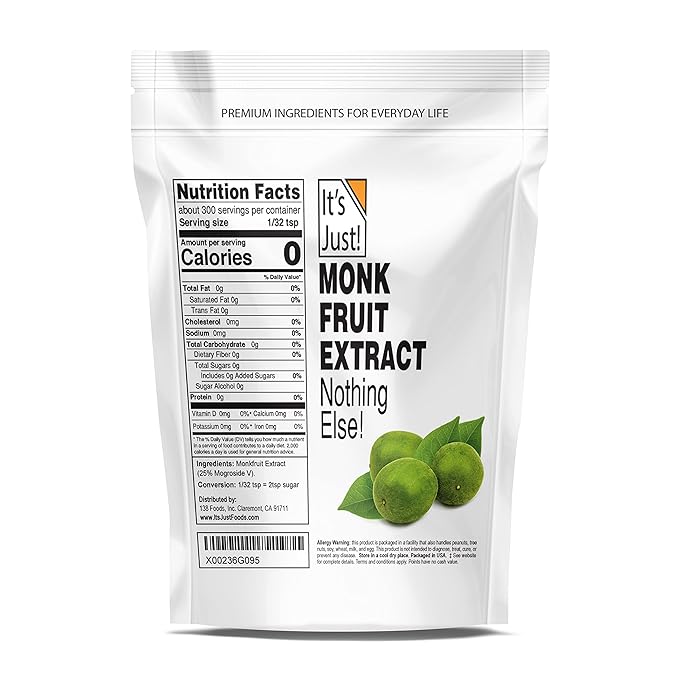 It's Just! - 100% Monkfruit Extract Powder, Keto Friendly Sweetener, Monk Fruit, Sugar-Free, Non-GMO, Non-Glycemic (25% Mogroside V, 1.5oz / 42g)