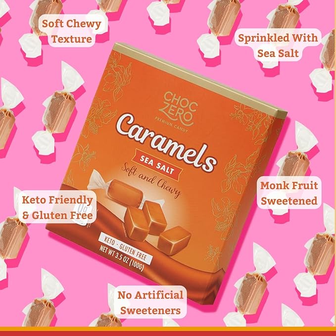 ChocZero Sugar Free Caramels - Keto Candy - All Natural, Soft and Chewy - Low Carb Snack (3.5oz Box)