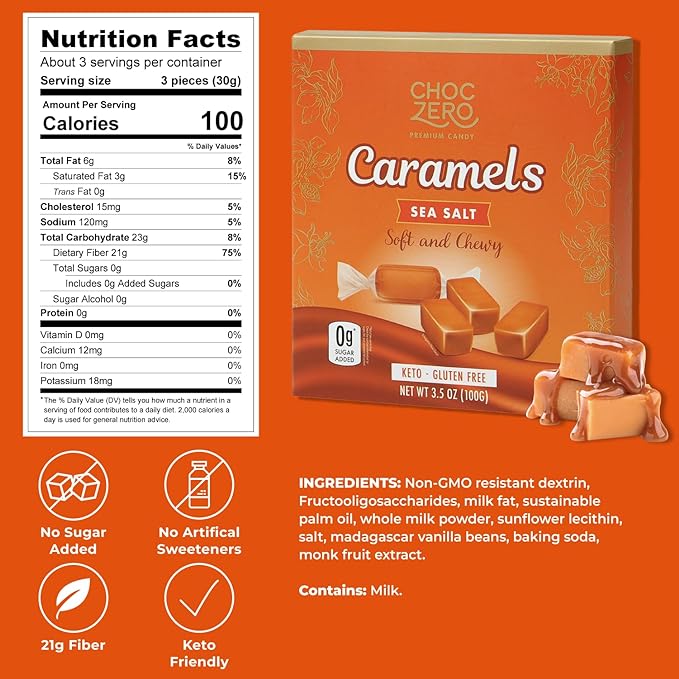 ChocZero Sugar Free Caramels - Keto Candy - All Natural, Soft and Chewy - Low Carb Snack (3.5oz Box)