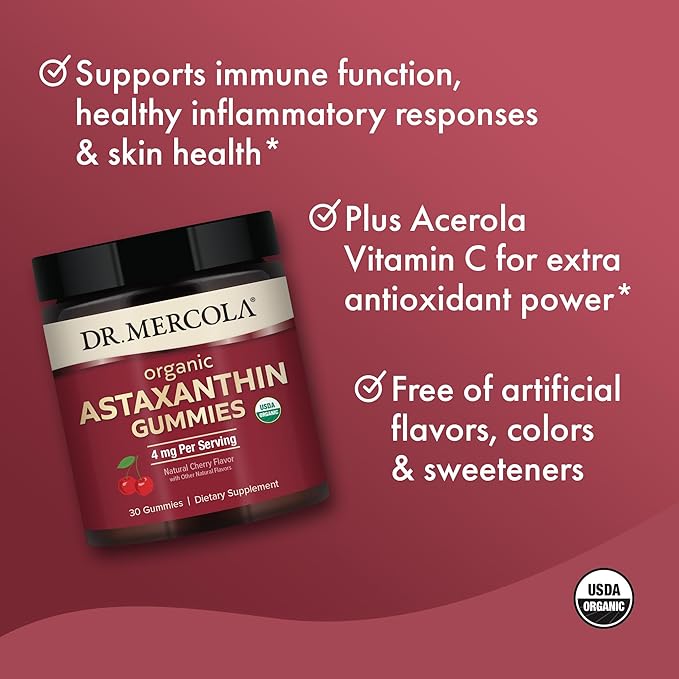 Dr. Mercola Organic Astaxanthin Gummies, 30 Servings (30 Gummies), 4 mg Per Serving, Dietary Supplement, Immune Support, Certified Organic, Non- GMO