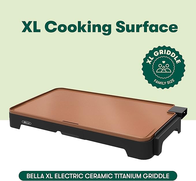 BELLA XL Electric Ceramic Titanium Griddle, Make 15 Eggs At Once, Healthy-Eco Non-stick Coating, Hassle-Free Clean Up, Large Submersible Cooking Surface, 12" x 22", Copper/Black