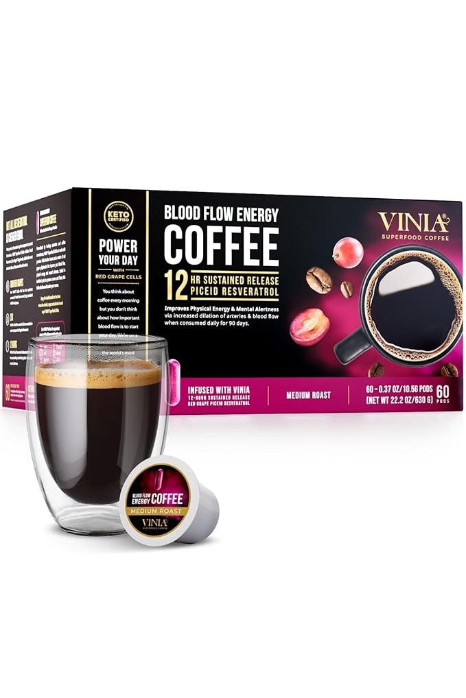 VINIA Blood Flow Energy Coffee Pods - Medium Roast Infused with Red Grape Piceid Resveratrol for Physical Energy & Mental Alertness, Keurig K-Cup Compatible Superfood Coffee, Full-Bodied, 60 Count.