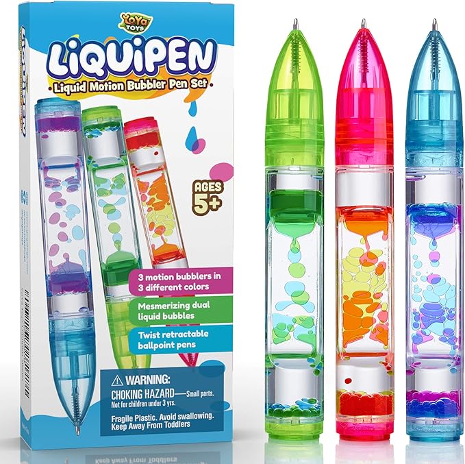 Yoya Liquipen - Liquid Motion Bubbler Pens Toy (3 Pack) - Writes Like a Regular Pen - Colorful Timer Pens Great for Stress and Anxiety Relief - Cool Fidget Toys for Kids and Adults