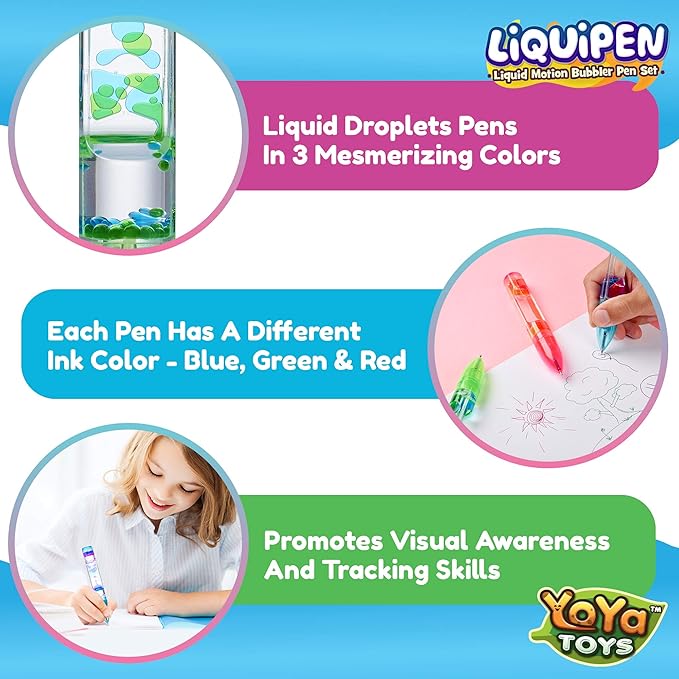 Yoya Liquipen - Liquid Motion Bubbler Pens Toy (3 Pack) - Writes Like a Regular Pen - Colorful Timer Pens Great for Stress and Anxiety Relief - Cool Fidget Toys for Kids and Adults