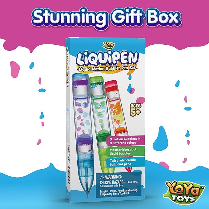 Yoya Liquipen - Liquid Motion Bubbler Pens Toy (3 Pack) - Writes Like a Regular Pen - Colorful Timer Pens Great for Stress and Anxiety Relief - Cool Fidget Toys for Kids and Adults