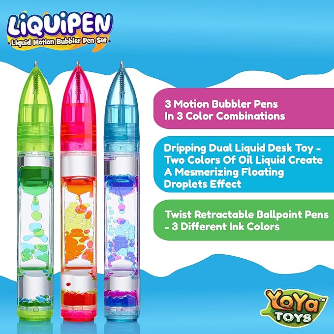 Yoya Liquipen - Liquid Motion Bubbler Pens Toy (3 Pack) - Writes Like a Regular Pen - Colorful Timer Pens Great for Stress and Anxiety Relief - Cool Fidget Toys for Kids and Adults