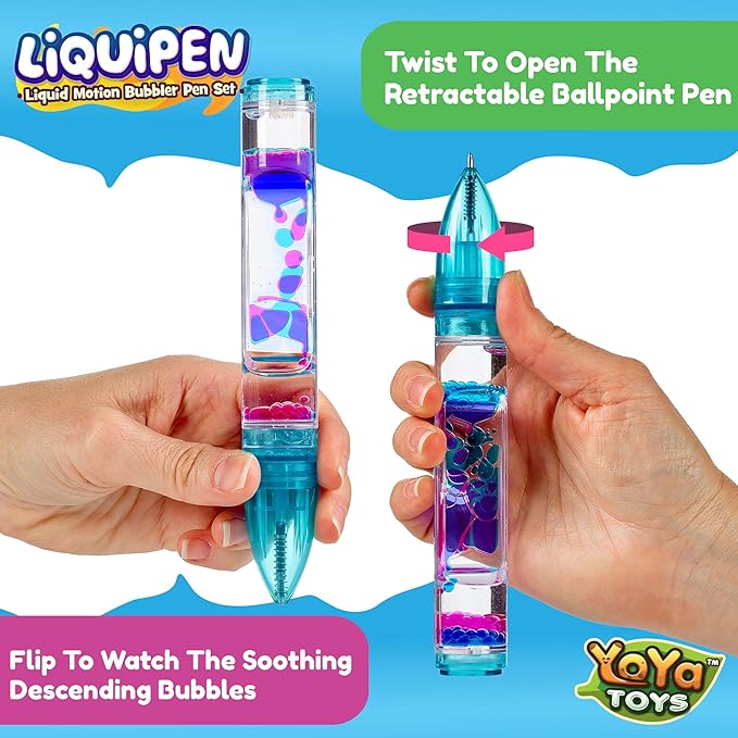 Yoya Liquipen - Liquid Motion Bubbler Pens Toy (3 Pack) - Writes Like a Regular Pen - Colorful Timer Pens Great for Stress and Anxiety Relief - Cool Fidget Toys for Kids and Adults